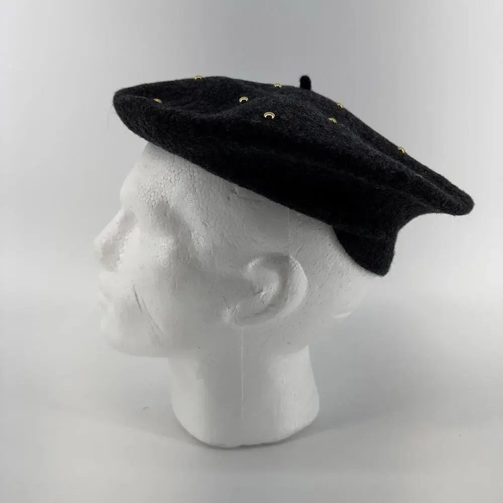 Vintage Beret Grey Wool PRT Ultrabasque Made in Czechoslovakia Gold Studded - Picture 1 of 8